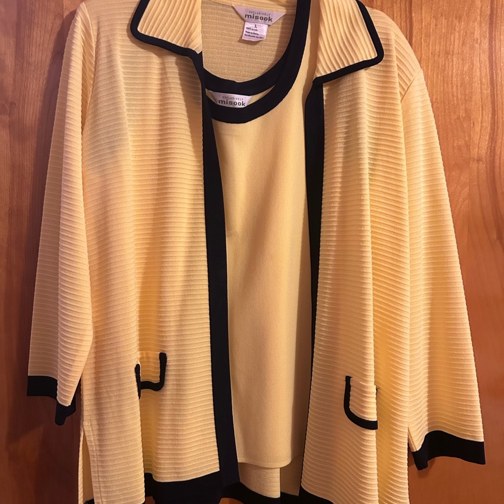 Misook Women's Cardigan and Top in Yellow with Black Trim